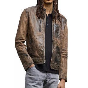 John Varvatos Collection Men's James Zip Front Leather Racer Jacket Desert Sand